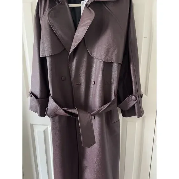 Burgundy Faux Leather Trench Coat Long Belted Jacket Women Oversized Fall - Picture 7 of 10